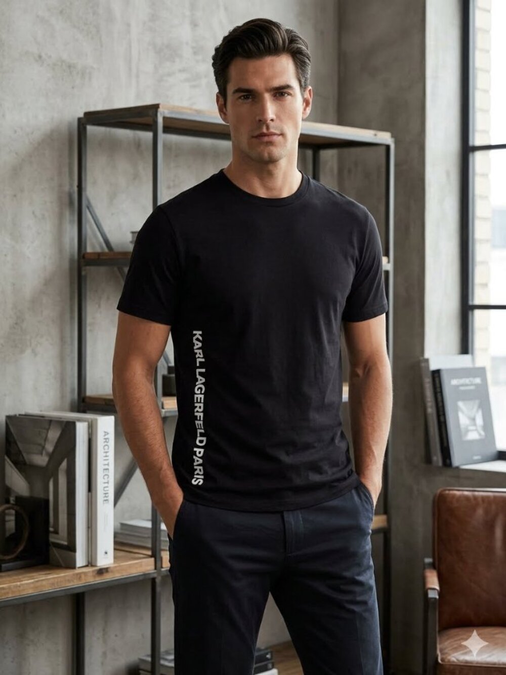 Karl Lagerfeld Paris Men's Black Vertical Logo Graphic T-Shirt Size S